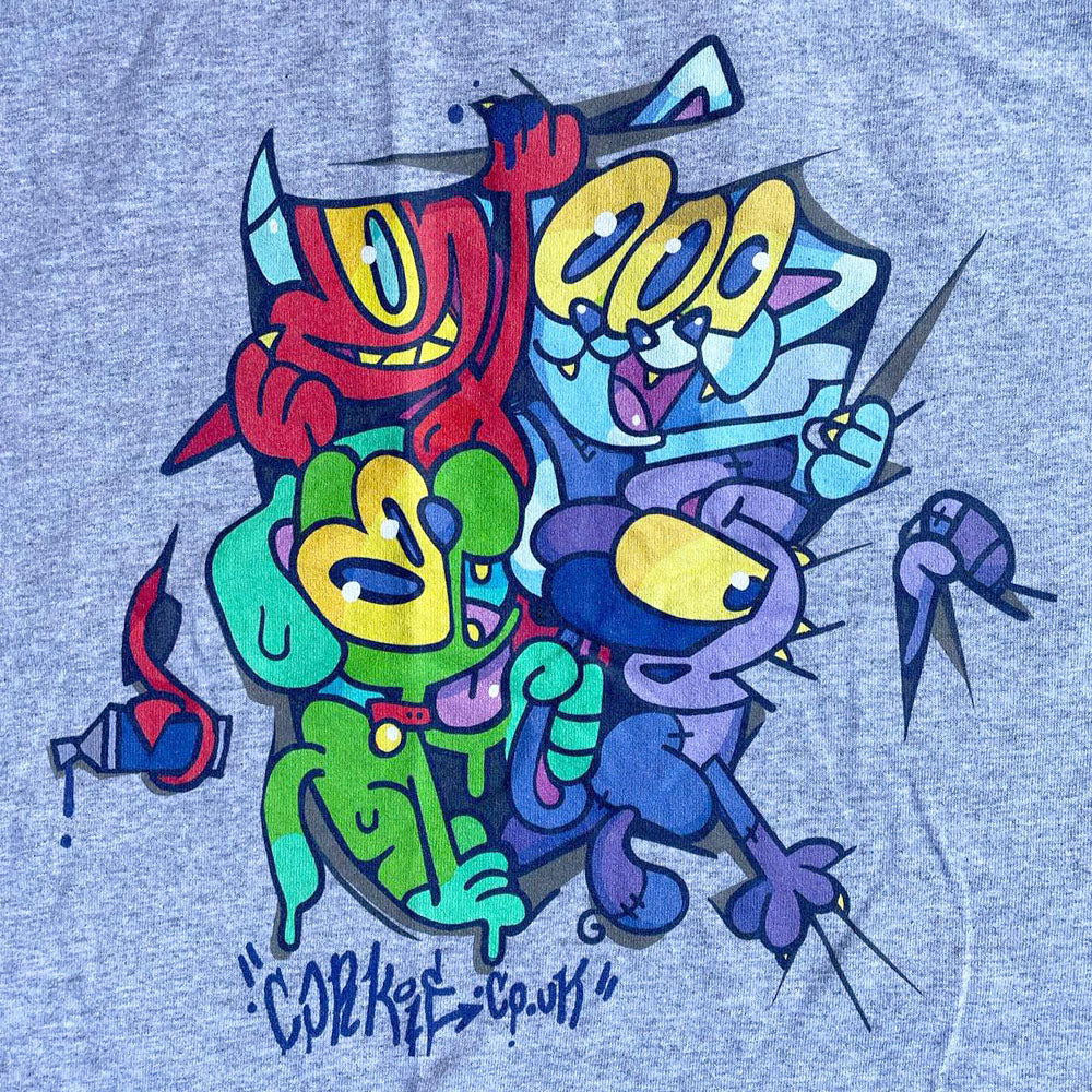 Grey streetwear shirt by indie Brighton-based brand CORKiE, featuring graffiti style characters ripping and tagging on the shirt.