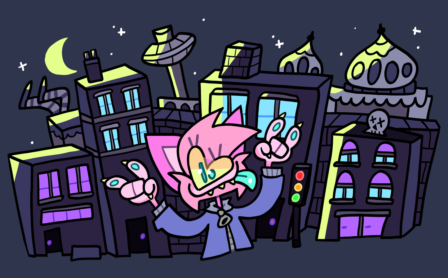 Dark blue digital illustration featuring a cute furry cartoon character in front of a cityscape of Brighton Uk