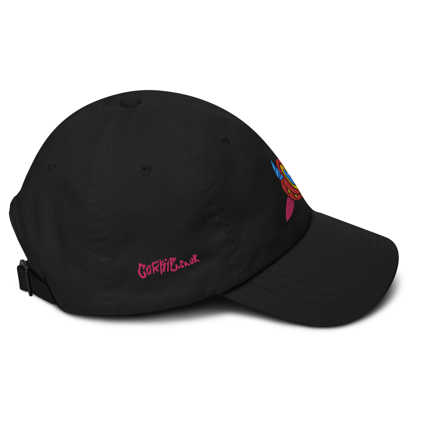 Graffiti devil cap, streetwear by Brighton based street artist Cordelius Kirkland CORKiE. Black cap with a red devil character embroidered on the front, in a retro graffiti art style.