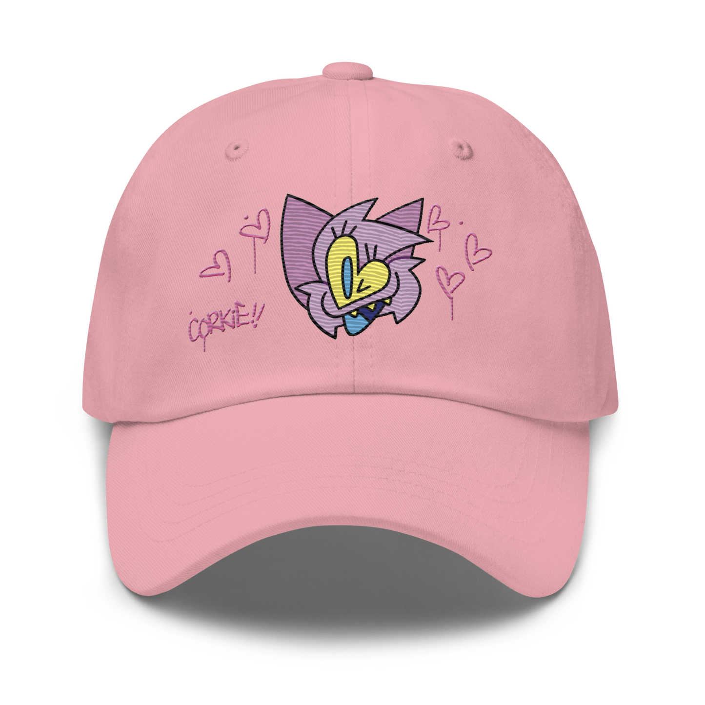 a pink indie street wear cap with a furry character embroidered on the front