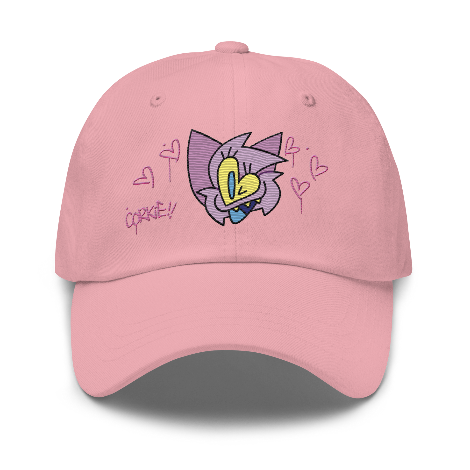 a pink indie street wear cap with a furry character embroidered on the front
