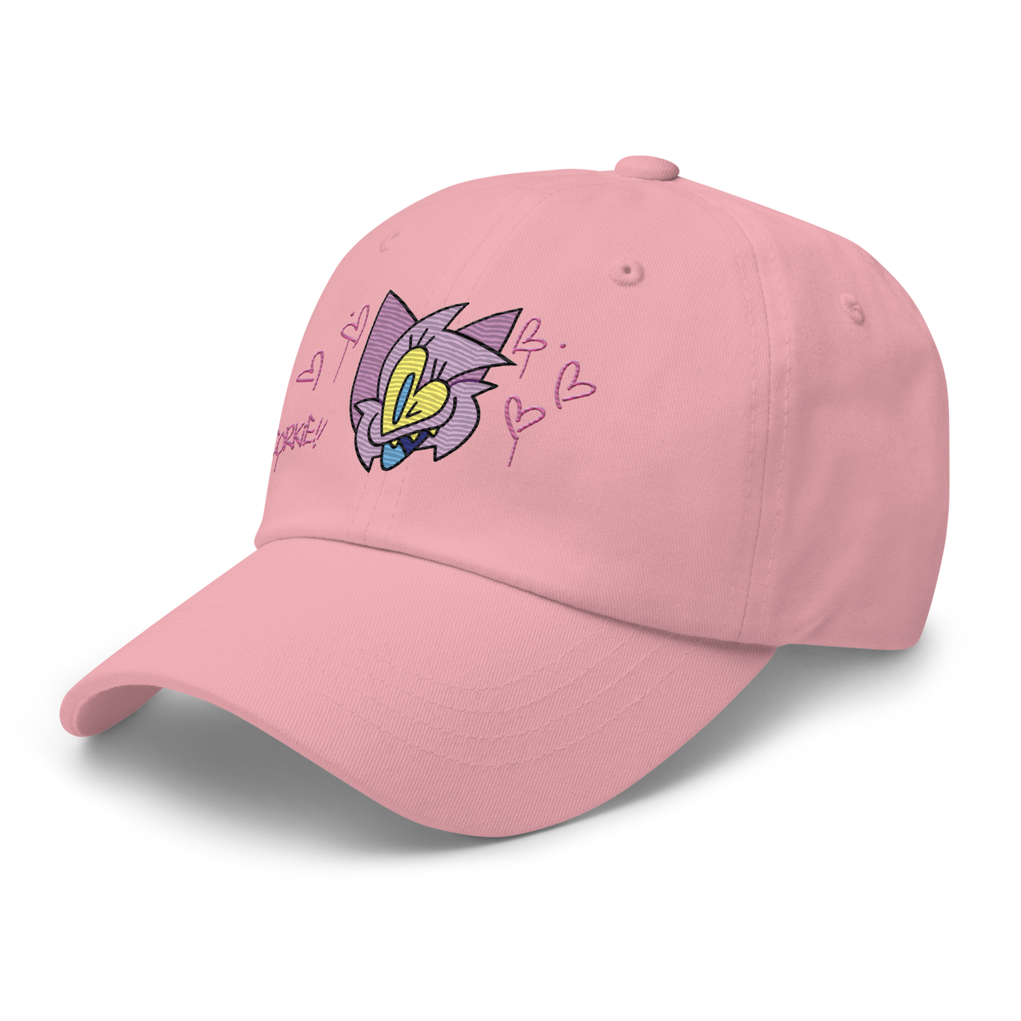 a pink indie street wear cap with a furry character embroidered on the front