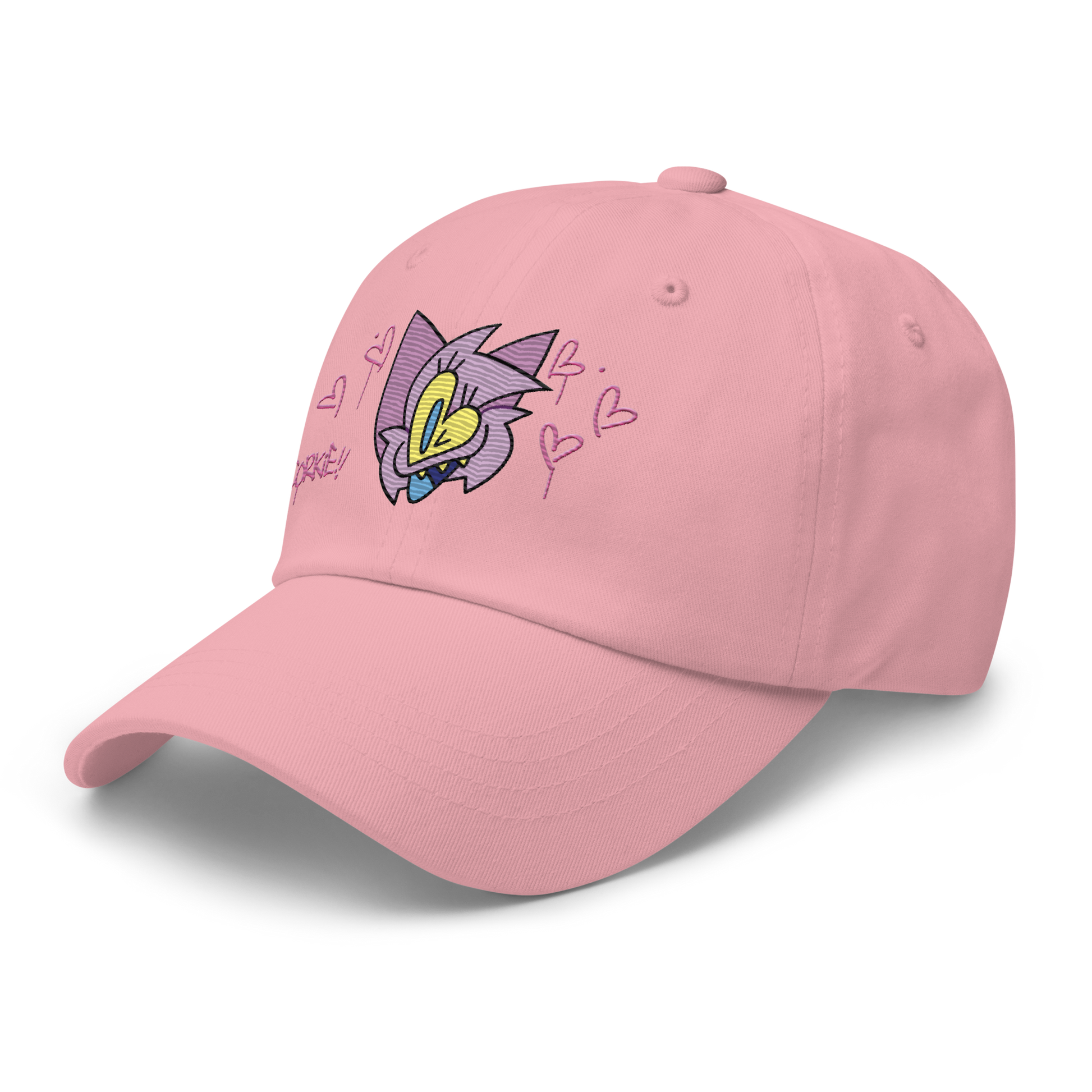 a pink indie street wear cap with a furry character embroidered on the front