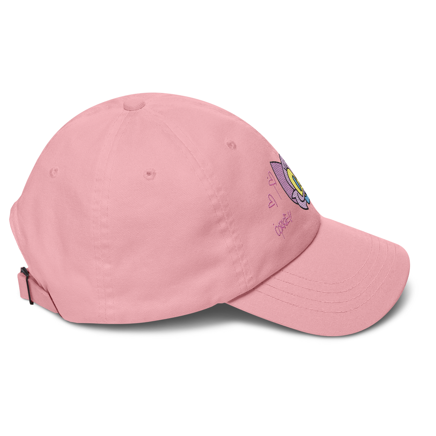 a pink indie street wear cap with a furry character embroidered on the front