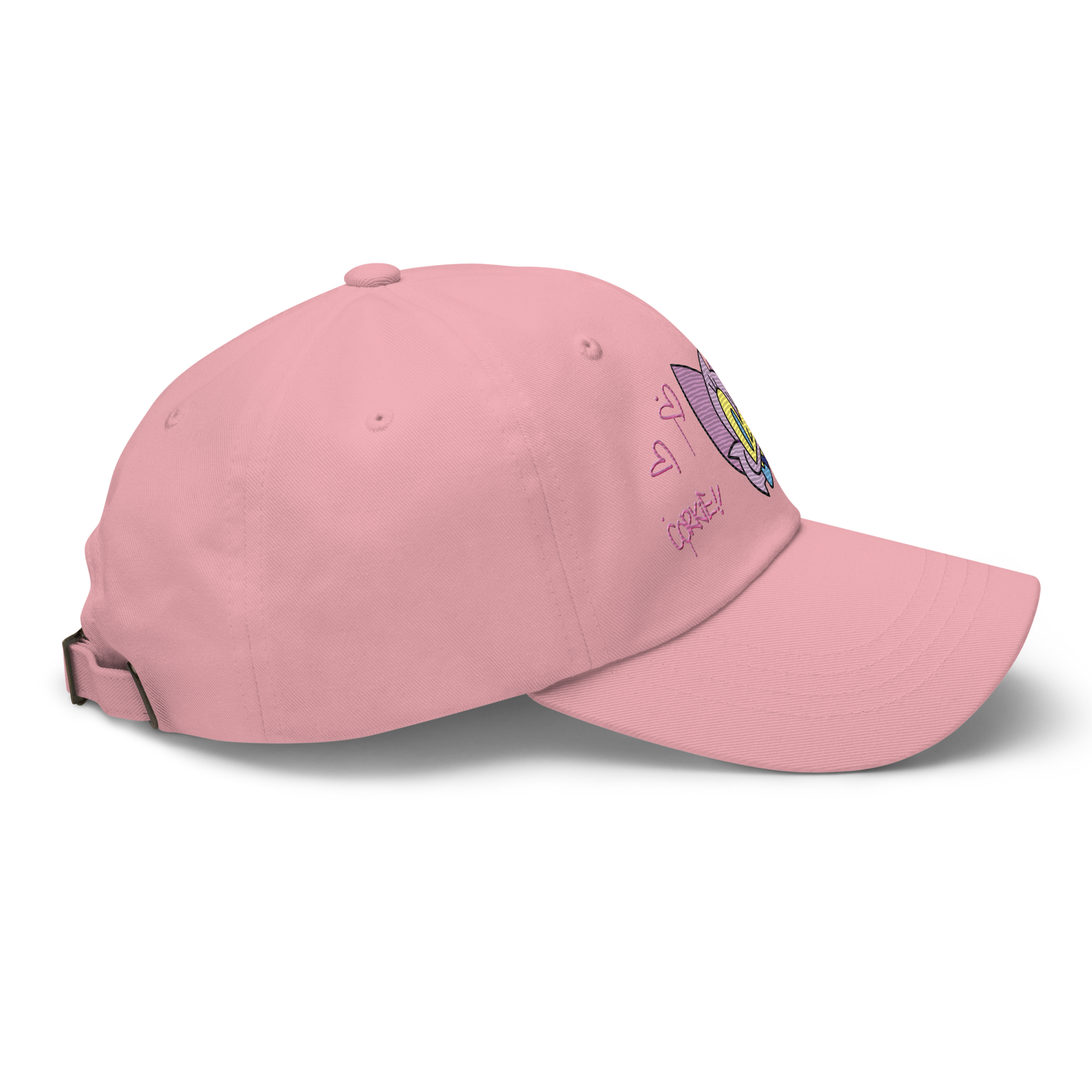 a pink indie street wear cap with a furry character embroidered on the front