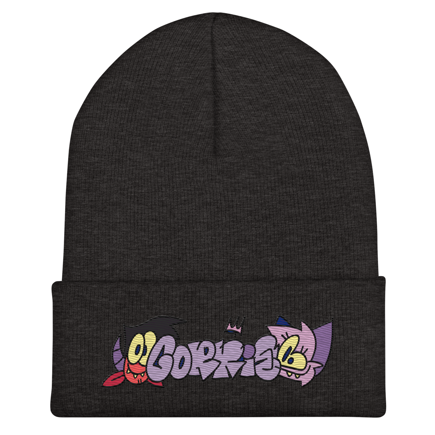 graffiti throwie beanie by indie street wear brand CORKiE, with two graff characters either side of the throwie.