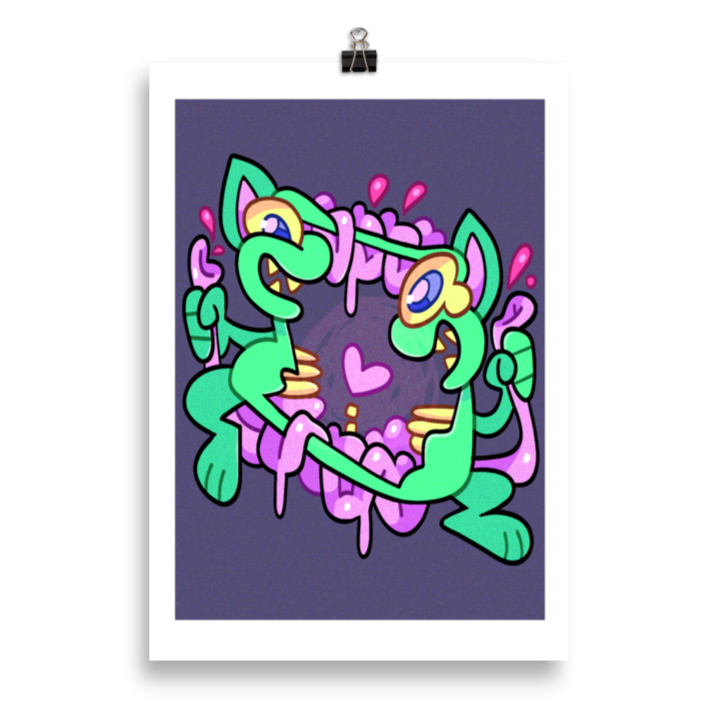 candy gore art print of a character being cut in half. the art style is graffiti like and cartoony, the character is green on a purple background
