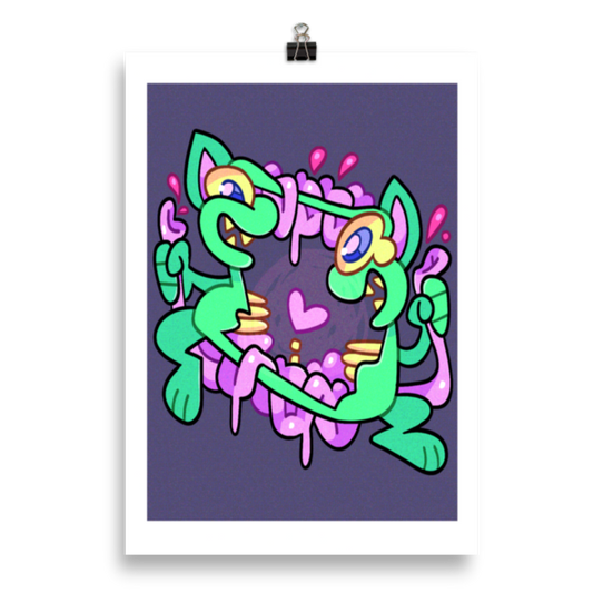 candy gore art print of a character being cut in half. the art style is graffiti like and cartoony, the character is green on a purple background