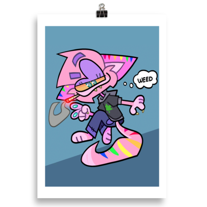 art print by illustrator and street artist CORKiE showing a pink furry character smoking