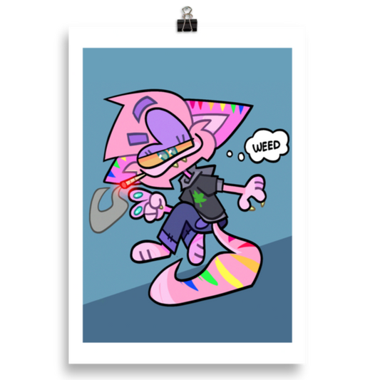art print by illustrator and street artist CORKiE showing a pink furry character smoking