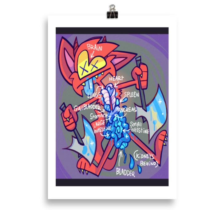 candy gore art print of a red character being sliced in half with its organs labled