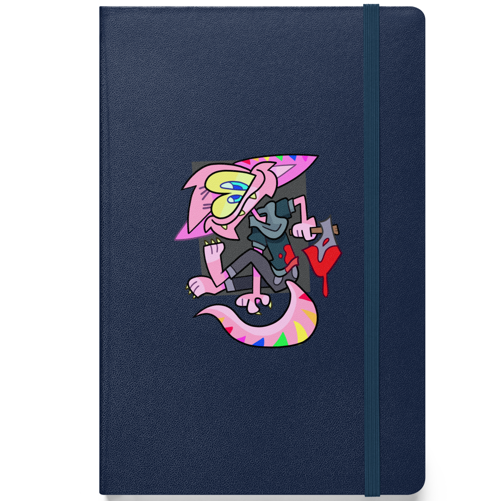 A navy blue notebook with a pink furry character on the front