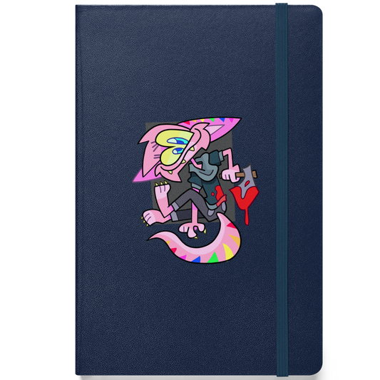 A navy blue notebook with a pink furry character on the front