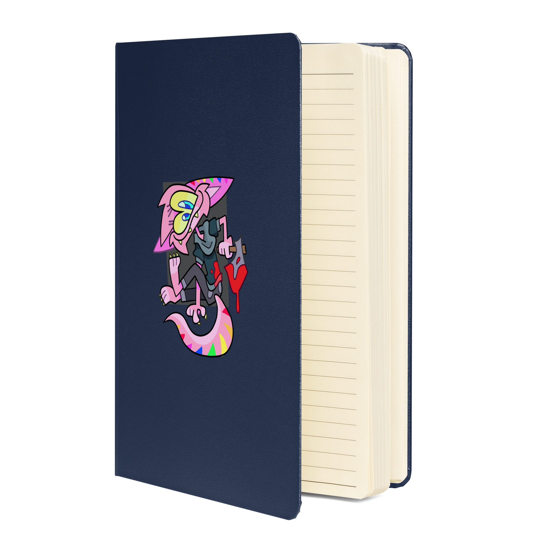 A navy blue notebook with a pink furry character on the front, half open showing lined pages