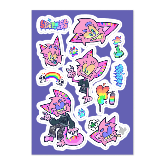 sticker sheet featuring a cartoon rainbow furry character
