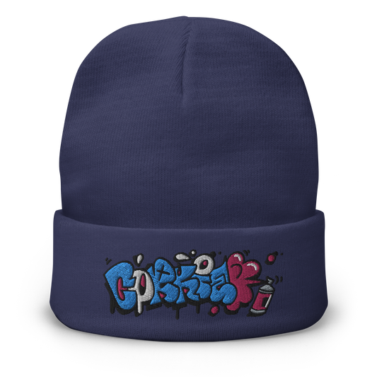 graffiti throwie beanie spelling out indiebrand name CORKiE
