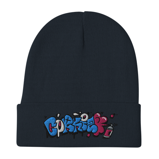 graffiti throwie beanie. Graff bubble letters embroidered onto a navy blue hat saying CORKiE. Created by Brighton street artist Cordelius Kirkland.
