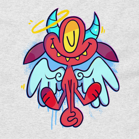 Devil / angel street wear shirt with a cartoon devil on it. White shirt drawn by Brighton street artist CORKiE.