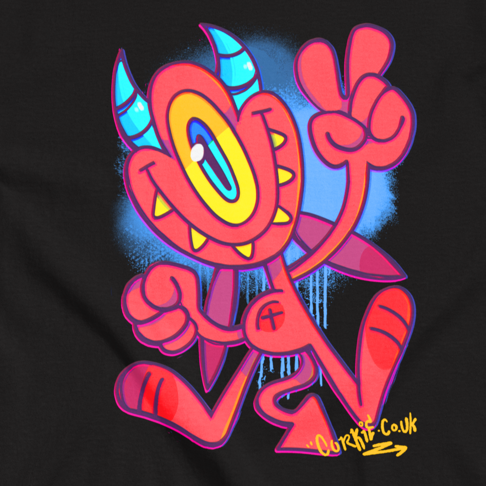 graffiti style devli character on a black street wear shirt, drawn by Brighton street artist Cordelius Kirkland CORKiE. In a kids size.
