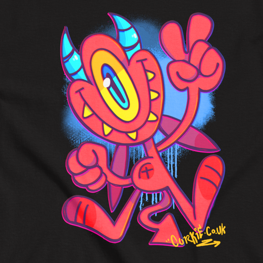 graffiti style devli character on a black street wear shirt, drawn by Brighton street artist Cordelius Kirkland CORKiE. In a kids size.
