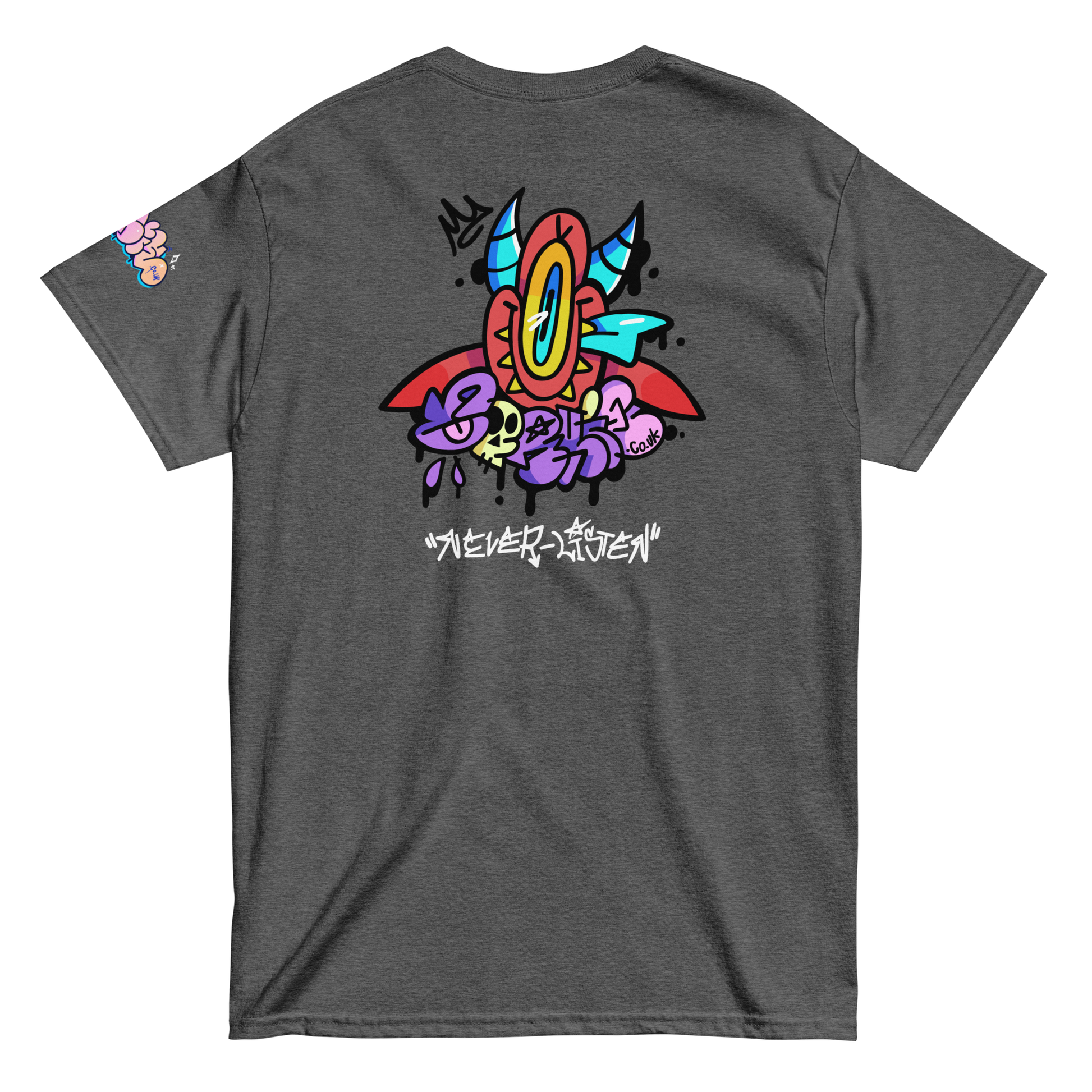 street wear devil shirt, grey featuring hand style 'never listen' graffiti tag underneath graff devil character and a CORKiE throwie