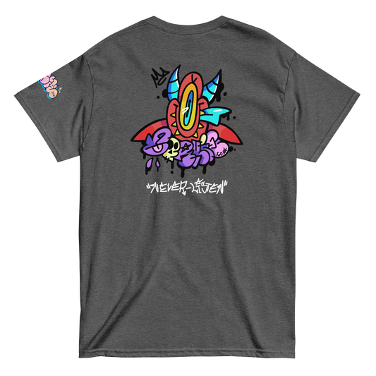 street wear devil shirt, grey featuring hand style 'never listen' graffiti tag underneath graff devil character and a CORKiE throwie