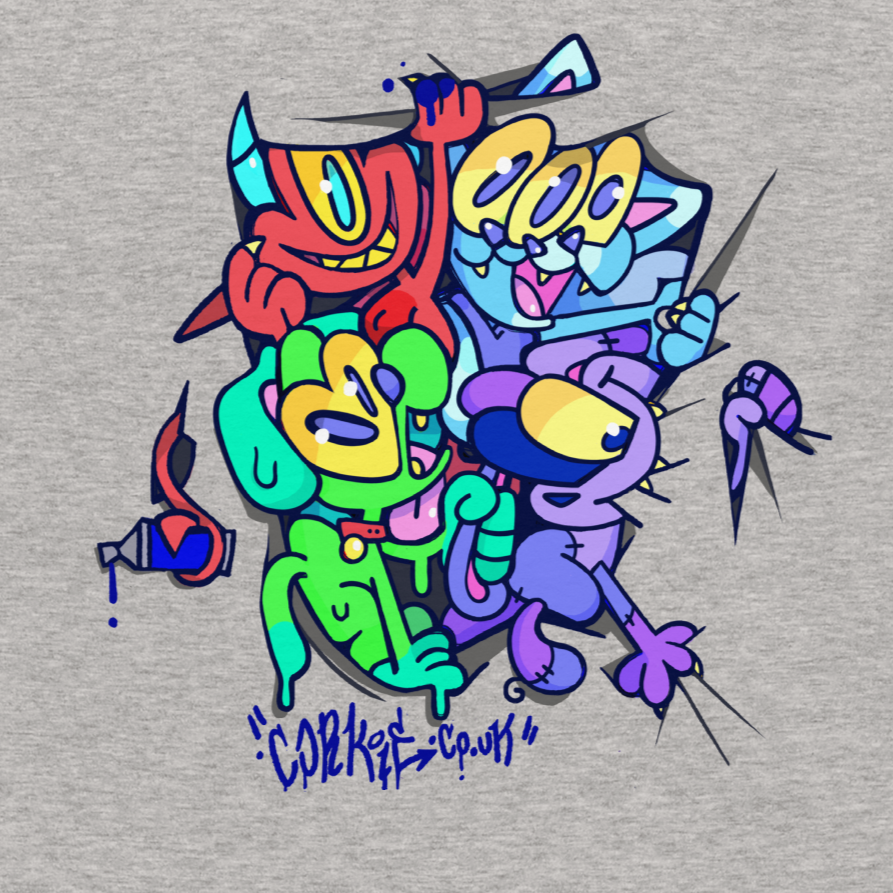 Cute graffiti street wear shirt with four retro graffiti characters. Printed onto a light grey shirt, drawn by Brighton street artist Cordelius Kirkland CORKiE.