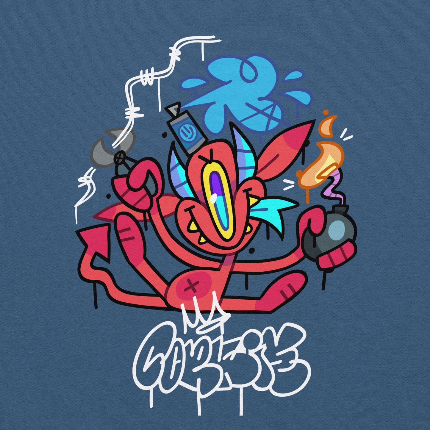 street wear graffiti sweat shirt in blue with a red evil character on it. created by street artist CORKiE