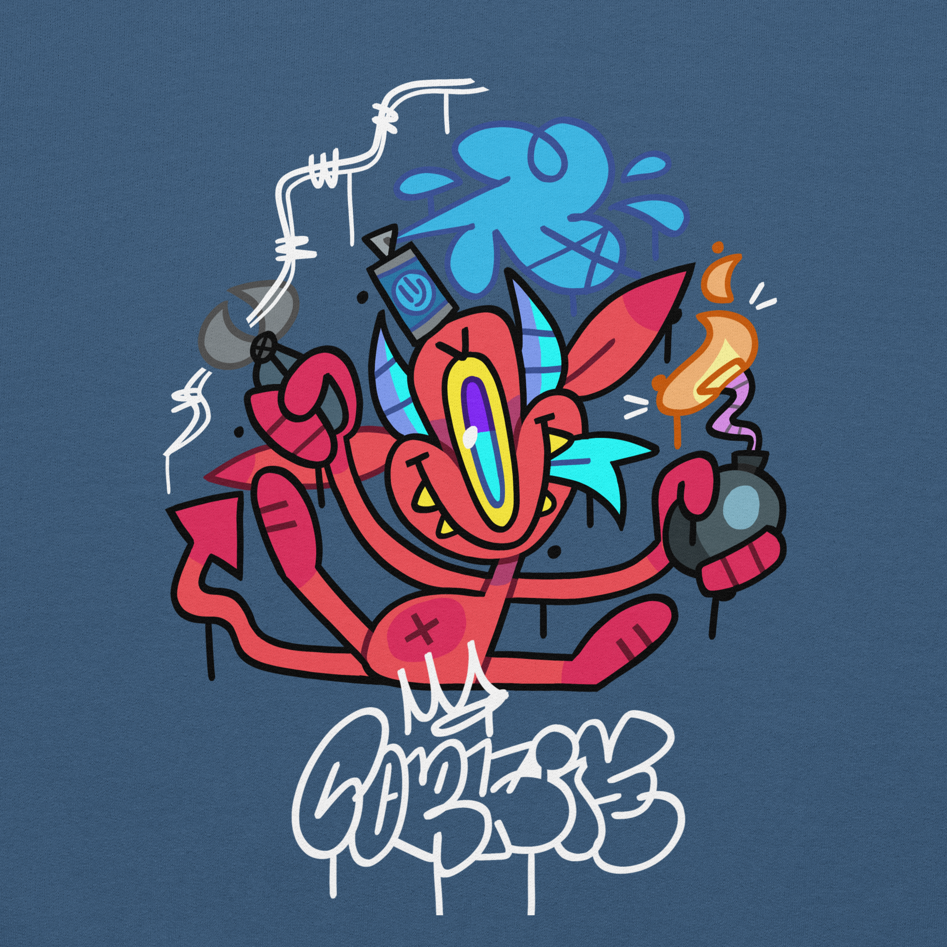 street wear graffiti sweat shirt in blue with a red evil character on it. created by street artist CORKiE