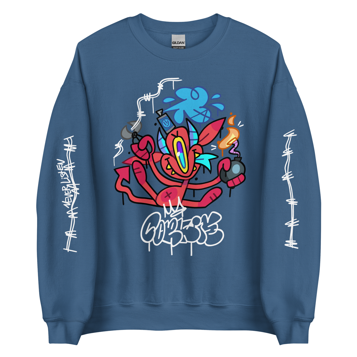 street wear graffiti sweat shirt in blue with a red evil character on it. created by street artist CORKiE