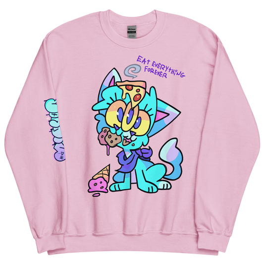 cute pink sweat shirt design with a cat character eating pizza, cookies and ice cream. captioned 'eat everything forever' designed by indie street wear brand CORKiE