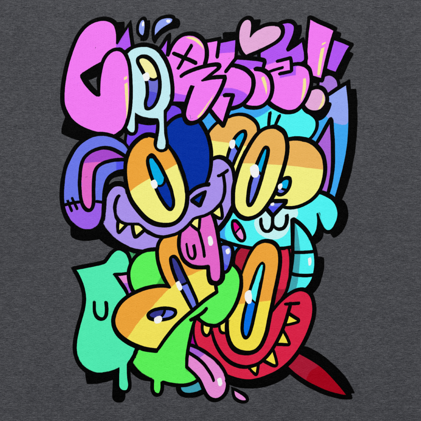 cartoon graffiti hoodie with four retro style graff characters, drawn by Brighton street artist Cordelius Kirkland CORKiE.