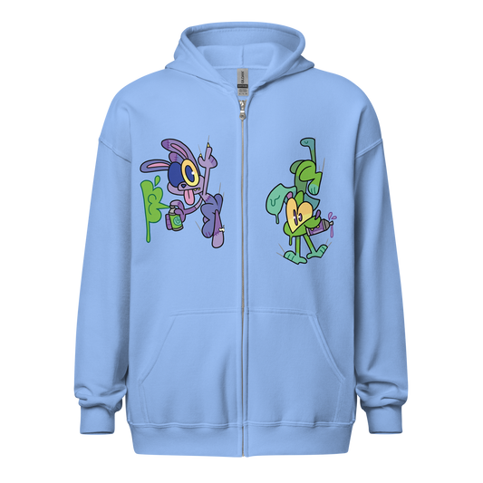 Two graffiti style cartoon characters on a blue hoodie, created by brand CORKiE and drawn by Brighton based street artist Cordelius Kirkland.