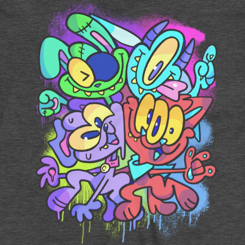 Graffiti style retro characters on a grey sweat shirt. By street wear brand based in Brighton Uk, designed by Brighton street artist CORKiE.