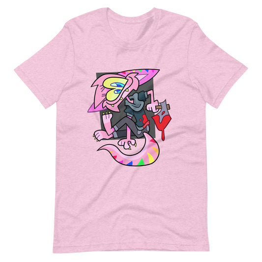 Furry fandom t shirt, by Brighton street artist CORKiE. Light pink with a weird rainbow coloured character.