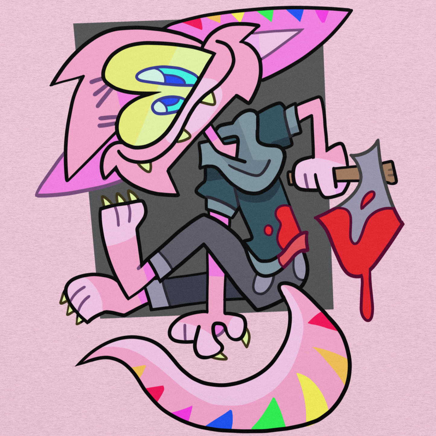 Furry fandom t shirt, by Brighton street artist CORKiE. Light pink with a weird rainbow coloured character.