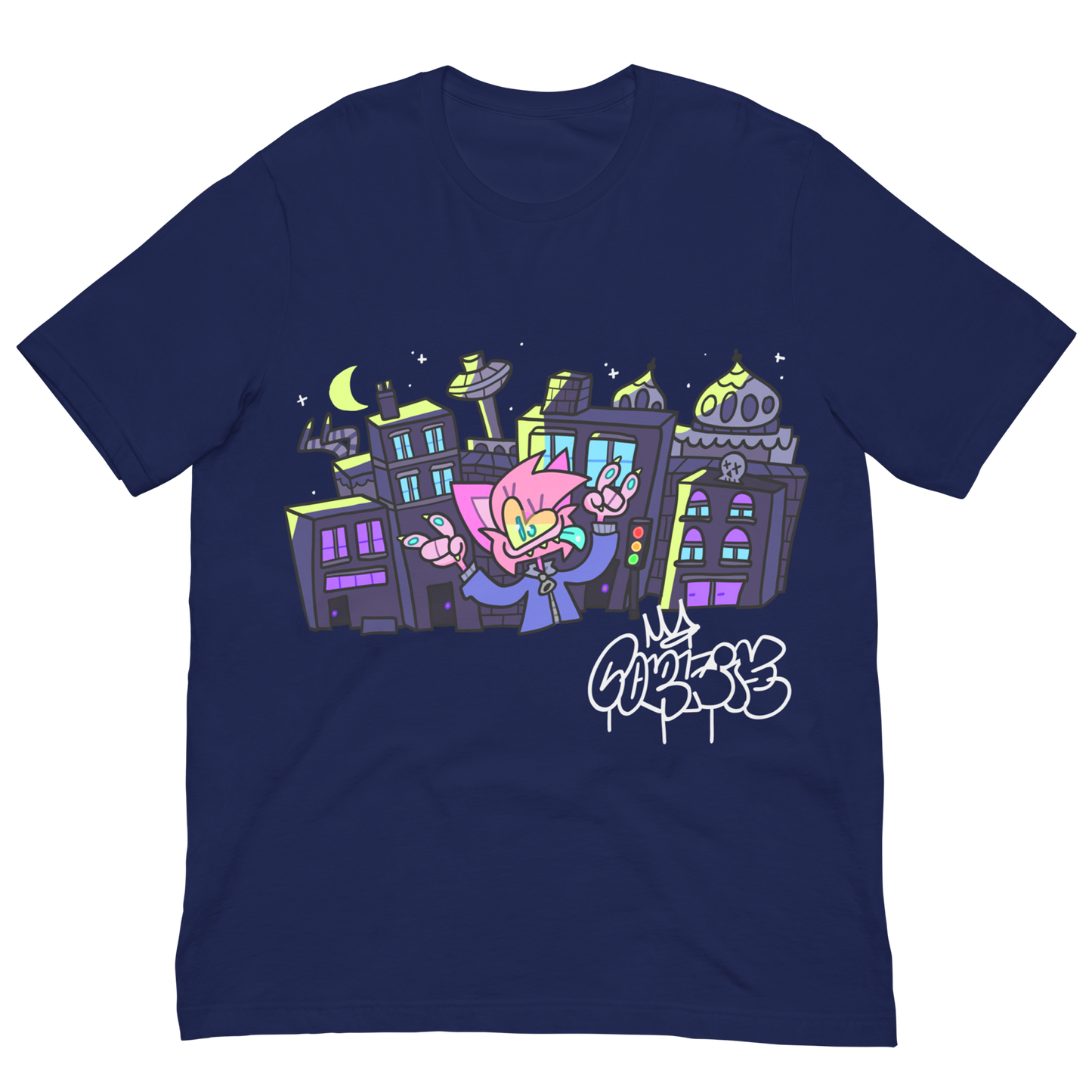 Dark blue shirt featuring a cute furry cartoon character in front of a cityscape of Brighton Uk