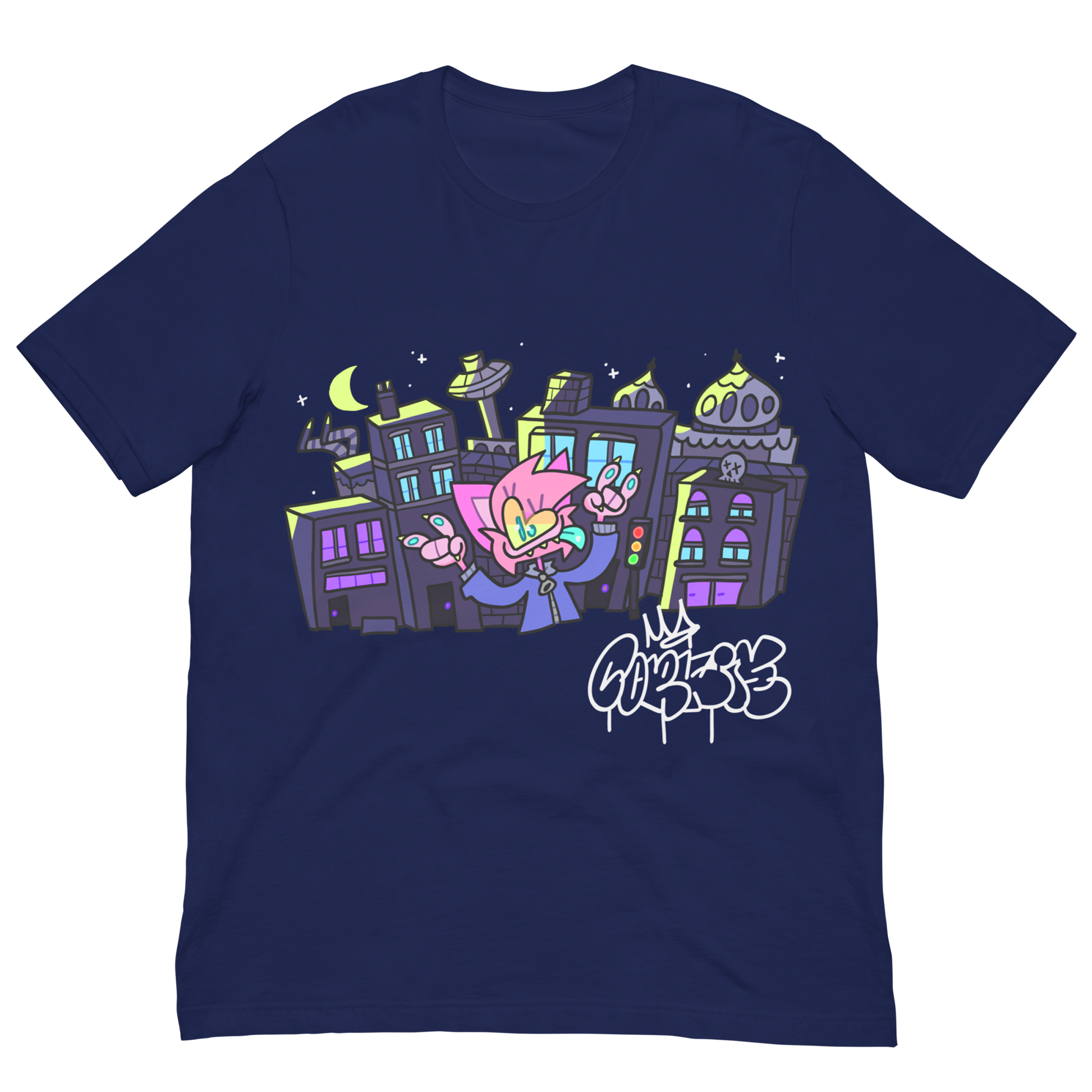 Dark blue shirt featuring a cute furry cartoon character in front of a cityscape of Brighton Uk