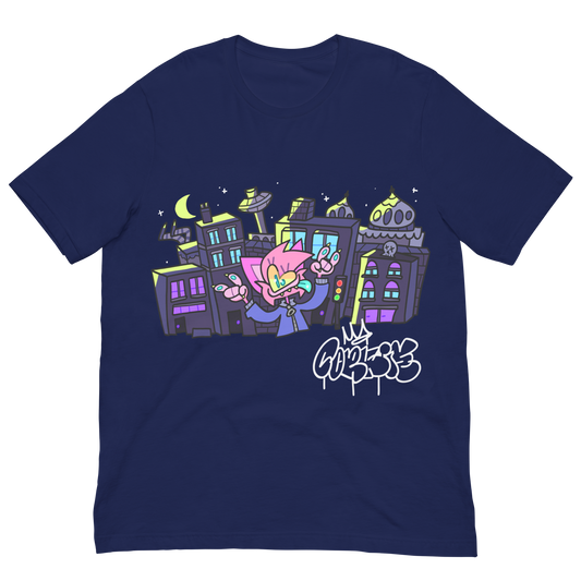 Dark blue shirt featuring a cute furry cartoon character in front of a cityscape of Brighton Uk