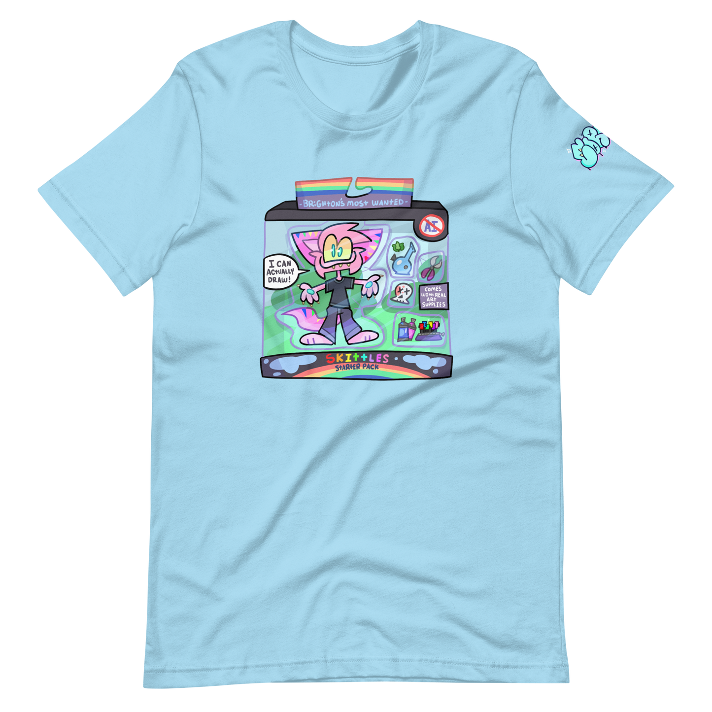 A light blue shirt designed by street artist CORKiE depicting a furry character in a toy box