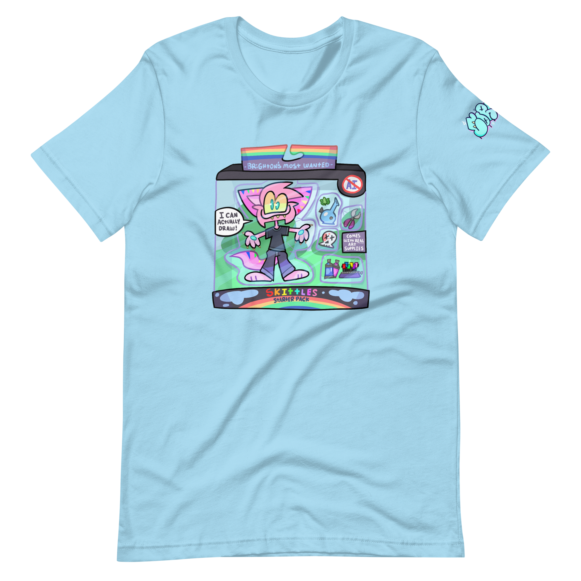 A light blue shirt designed by street artist CORKiE depicting a furry character in a toy box