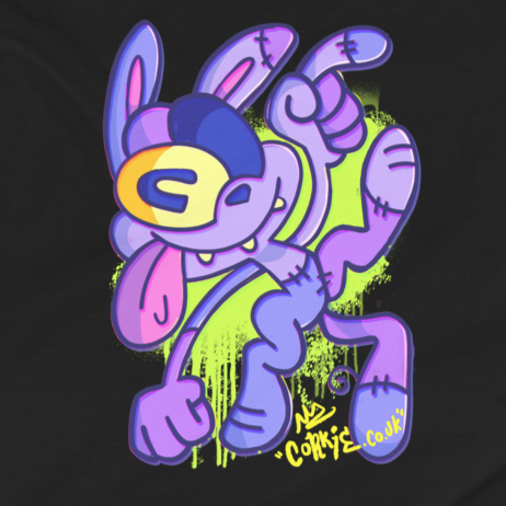 weird graffiti style monster shirt drawn by Brighton graffiti artist CORKiE. Purple graffiti monster character printed onto a black shirt.  IN a kids size.