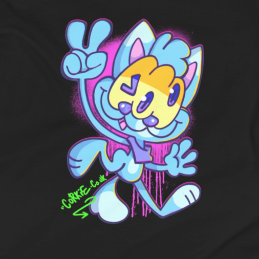 furry fandom, graffiti style character printed onto a black shirt. Drawn by Brighton graffiti artist Cordelius Kirkland CORKiE. Blue cat character with three eyes, printed onto a back street wear shirt. In a kids size.