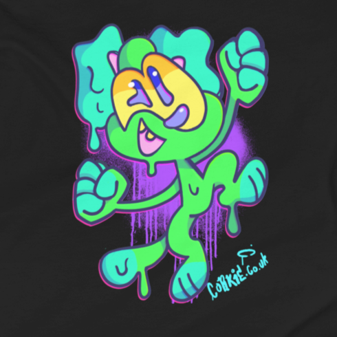 graff character t shirt designed by street artist CORKiE. black street wear shirt with a green weird dog character drawn in a graffiti art style. In a kids size.