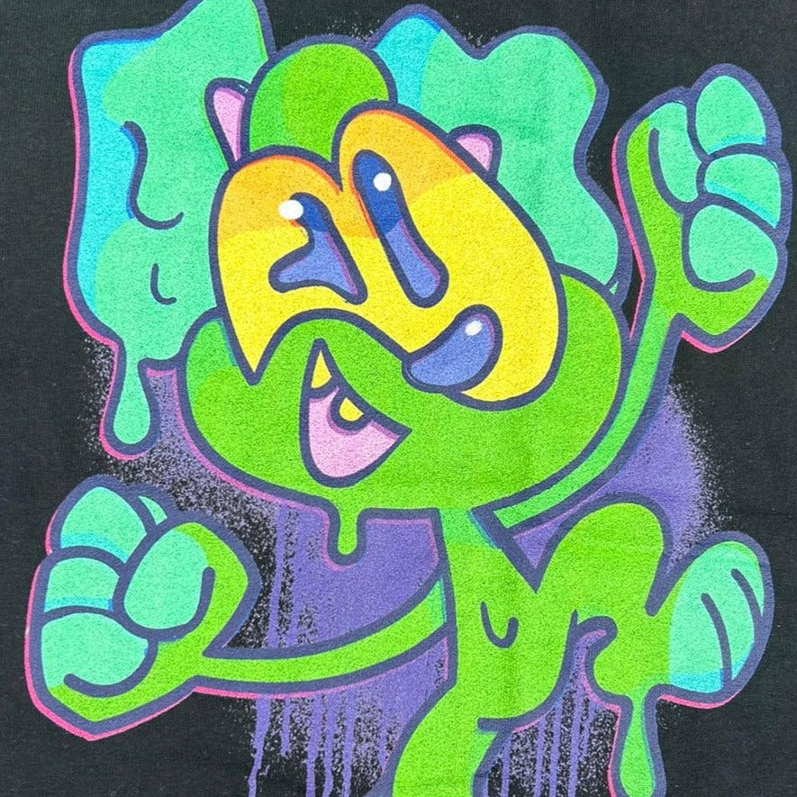 Green monster character on a black streetwear t-shirt, in a graffiti art style, by brand CORKiE