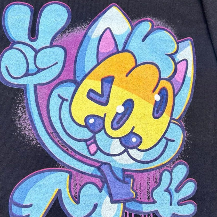 Blue graffiti monster character on shirt by brand CORKiE.