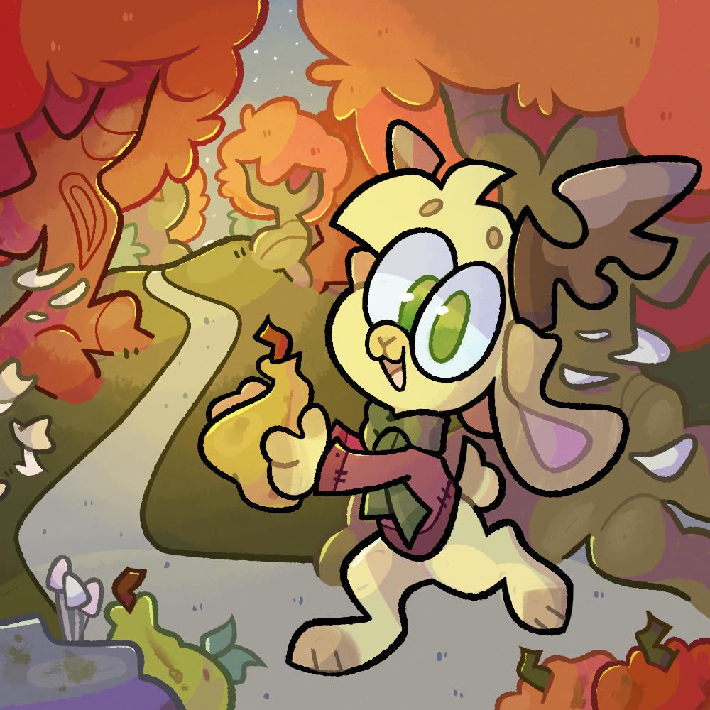 Digital illustration of a rabbit character in autumn in the woods. Drawn in a cute art style by artist CORKiE