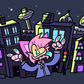 Dark blue digital illustration featuring a cute furry cartoon character in front of a cityscape of Brighton Uk