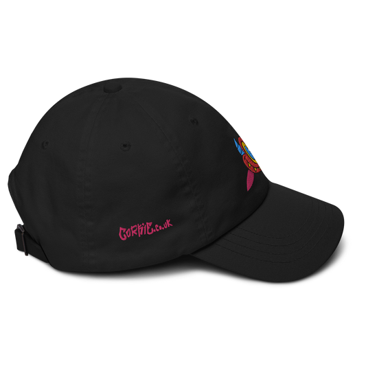 Graffiti devil cap, streetwear by Brighton based street artist Cordelius Kirkland CORKiE. Black cap with a red devil character embroidered on the front, in a retro graffiti art style.
