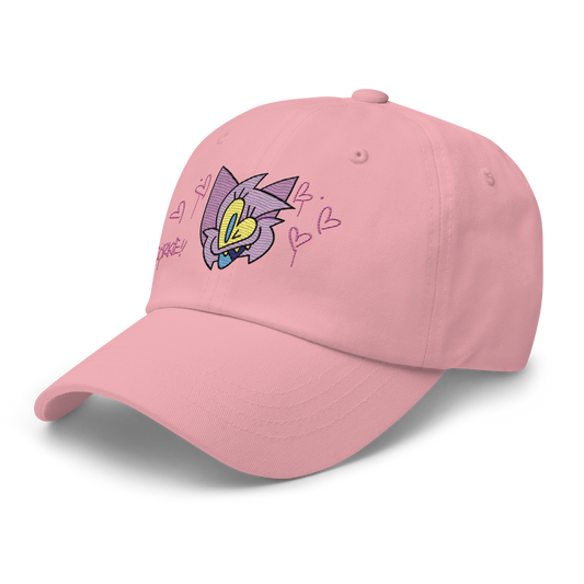 a pink indie street wear cap with a furry character embroidered on the front